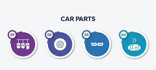 Poster - infographic element template with car parts filled icons such as car pedal, car clutch, grille or radiator grille, catalytic converter vector.