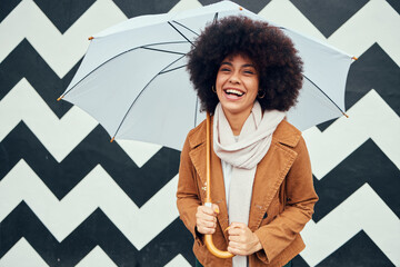 Sticker - Creative, fashion and black woman with umbrella in city standing by black and white pattern wall. Beauty, happiness and girl enjoying weekend, freedom and holiday in urban town by monochrome design