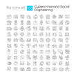 Cybercrime and social engineering attack linear icons set. Internet safety. Customizable thin line symbols. Isolated vector outline illustrations. Editable stroke. Quicksand-Light font used