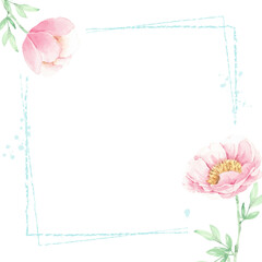 Wall Mural - watercolor pink peony flower and green leaves elements minimal frame