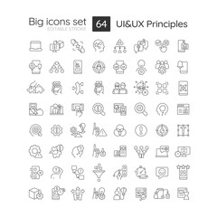 Sticker - User experience and interface design principles linear big icons set. Web usability. Customizable thin line symbols. Isolated vector outline illustrations. Editable stroke. Quicksand-Light font used