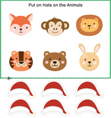 Poster - Put on hats on the animals cut and glue activity page for kids. Christmas educational game for children. Sensory activity template. Vector illustration