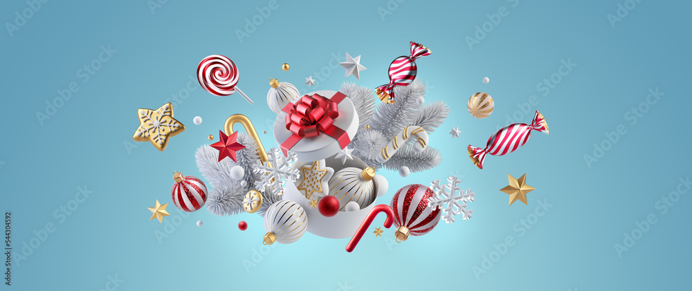 3d rendering, red white gold Christmas ornaments: glass balls, gift box ...