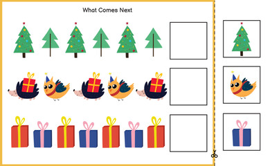 Poster - What Comes Next Christmas puzzle game. Cut and glue activity page for kids. Complete the sequence educational game for children. Vector illustration