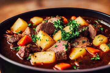 Wall Mural - beef stew with vegetables in a pan, hungarian gulash soup