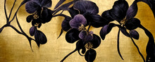 Dark Purple Orchid Flowers On Golden Textured Background. Modern And Trendy Luxury Floral Design With Contemporary Orchids In Pattern Design Wallpaper. Panoramic Home Decor Art Featuring Orchid Flower