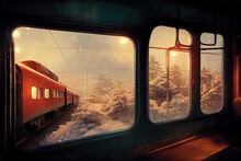 Interior Of A Train On A Journey In Winter With A Window View To The Outside. Gently Snowing Outside. Private Compartment On A Train Wagon, Travelling On An Express Train In A Polar Setting.