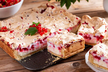 Appetizing Homemade Berry Pie. Pie With Red Currants And Sour Cream On Wooden Table