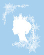 blue and white vector silhouette portrait of fairy tale queen or princess wearing royal crown and winter snow flakes decor set