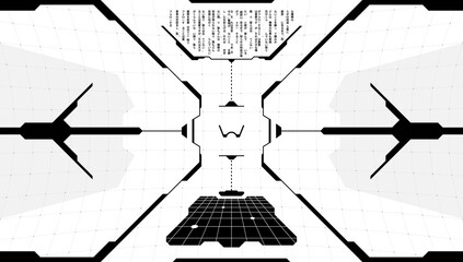  - VR HUD virtual technology head up display target. Digital futuristic interface cyberpunk hi tech visor screen. FUI GUI UI black and white spaceship cockpit dashboard panel with program code. Vector