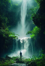Man Standing Front Of A Waterfall, Lush Tropical Rainforest Environment, Misty Foliage