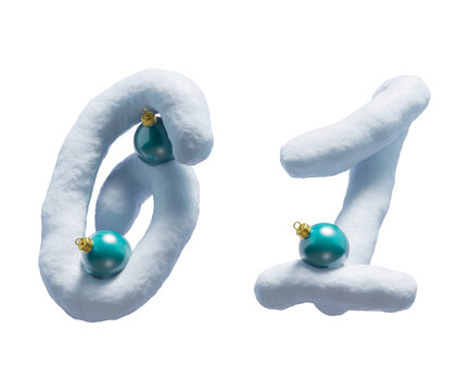 Handwritten Snow alphabet. Christmas toy. Number 0, 1