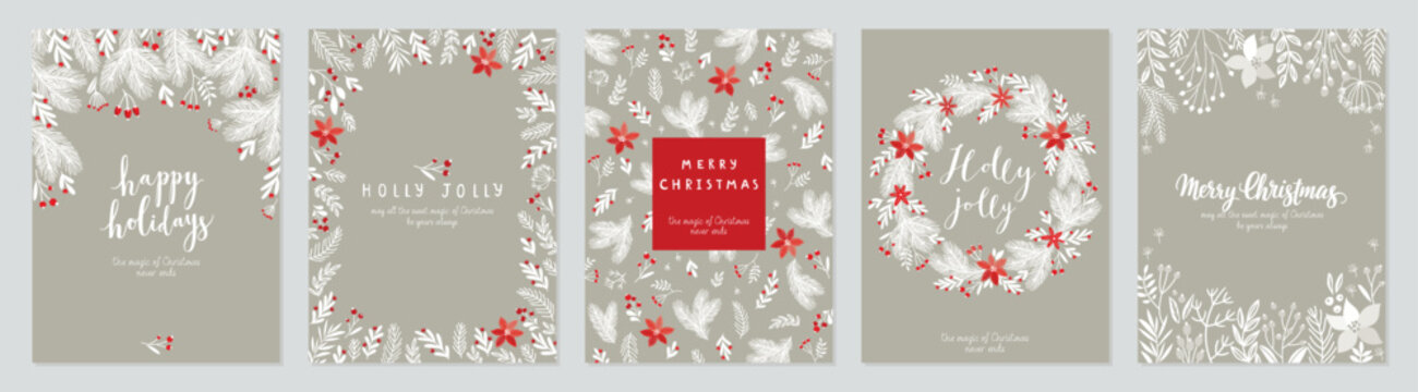 Fototapete - Christmas card set - hand drawn floral flyers. Lettering with Christmas decorative elements.