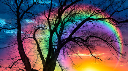 Poster - Silhouette of barren lone tree with amazing rainbow