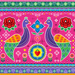Pakistani and Indian truck art seamless vector design with peacocks, hearts and roses, decorative bird floral vibrant pattern

