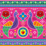 Fototapeta Kuchnia - Pakistani and Indian truck art seamless vector design with peacocks, hearts and roses, decorative bird floral vibrant pattern

