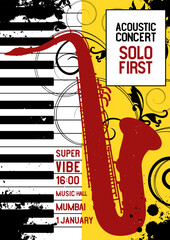 Jazz festival poster with saxophone, piano keyboard, music media banner with the words acoustic concert. Vector illustration digital design.