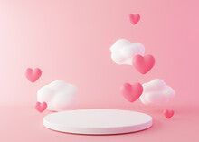 Pink Podium With Hearts And Clouds Flying In The Air. Valentine's Day, Mother's Day, Wedding. Podium For Product, Cosmetic Presentation. Mock Up. Pedestal Or Platform For Beauty Products. 3D Render.