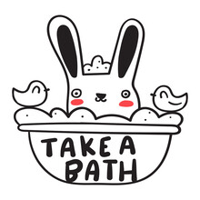 Cute Rabbit Sit In A Bath. Phrase - Take A Bath. Outline Icon On White Background.