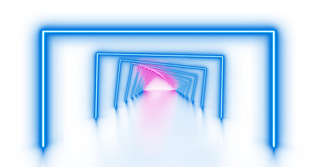 Poster -  Neon light lines on png transparent background with reflection on the floor. Neon frame for your design.