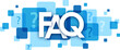FAQ typography banner with blue question marks on transparent background