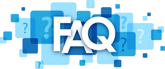 FAQ typography banner with blue question marks on transparent background