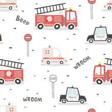 Seamless Pattern With Police, Ambulance And Fire Truck.