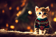 A Cute Little Kitten Is Sitting On The Bedspread In A Christmas Sweater. Christmas Night, Great Bokeh