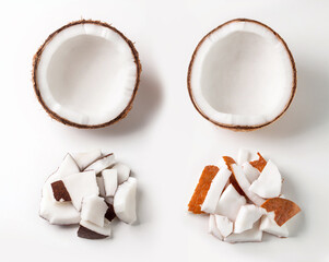 Wall Mural - old and young coconut pieces comparison on white background.