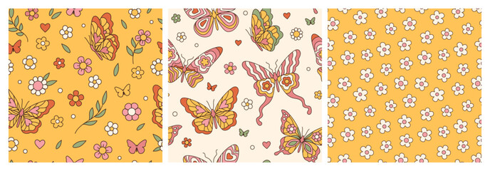 Wall Mural - Groovy butterfly, daisy, flower. Hippie 60s 70s seamless patterns. Floral romantic backgrounds in trendy cute retro style. Yellow, pink colors. Fashion design, textile, fabric collection.