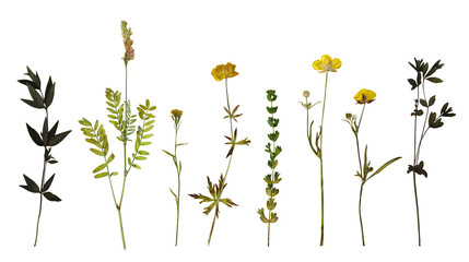 Dry pressed wild flowers and plants isolated on transparent background. Botanical collection	