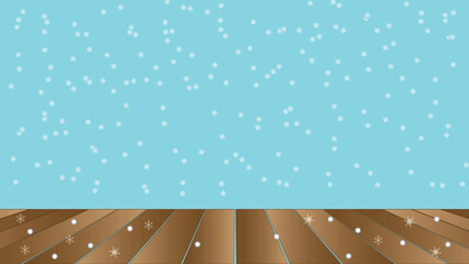 Snowfall with star light blur with wood floor for show product 3d vector abstract blue background