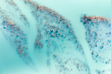 Wall Mural - aerial view. turquoise water. abraham lake. natural scenery in fall time. mountain river and trees. 