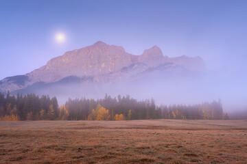 Wall Mural - Mountain landscape at dawn. Fog in a valley. Field and forest in a mountain valley at dawn. Natural landscape with bright moon light. High rocky mountains. Banff National Park, Alberta, Canada.