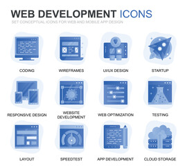 Fototapete - Modern Set Web Disign and Development Gradient Flat Icons for Website and Mobile Apps. Contains such Icons as Coding, App Development, Usability. Conceptual color flat icon. Vector pictogram pack.