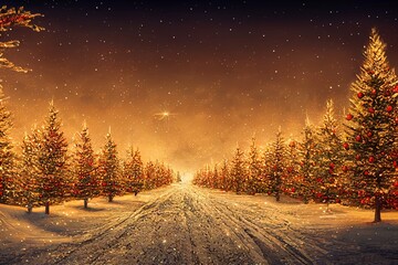 long street with christmas tree on the side of the street, horizon, bright, generative ai