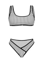 Close-up Shot Of A Two-piece Swimsuit With A Black And White Stripe Pattern. The Swimsuit Has A Scoop Neck Bikini Top And Swim Bottoms. The Swimsuit Is Isolated On A White Background. Front View.