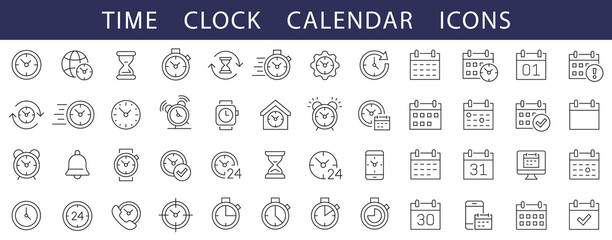 Poster - Time thin line icons set. Time, Clock and Calendar editable stroke icons. Stopwatch symbol. Calendar icon. Vector