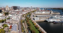 Aerial View Of Old Port In Montreal, Canada With A Dolly In Hyperlapse