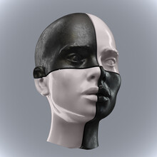 Abstract Illustration From 3D Rendering Of Black And White Checkered Marble Female Head Isolated On Grey Background.