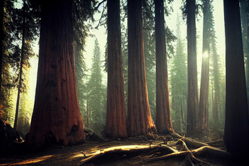 Giant Redwood trees with the sun shining through