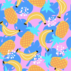 Sticker - Seamless background with various tropical fruits and leaves on pink. Vector drawing of fruits.