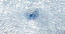 Broken Glass With Blue Cracks. Abstract Cracked Shot Window On White