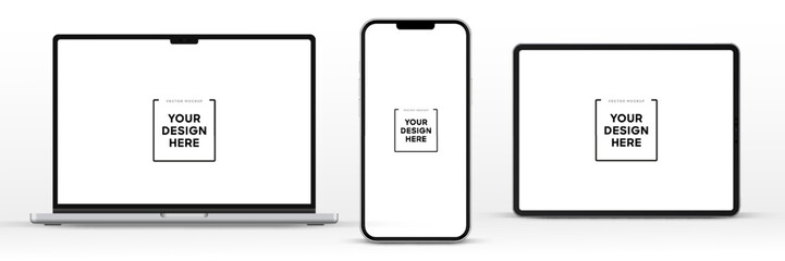 Modern laptop mockup front view and high quality smartphone and tablet mockup isolated on white background. Notebook mockup and phone device mockup for ui ux app and website presentation.Stock Vector.