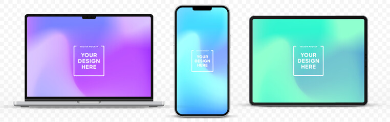Fototapete - Modern laptop mockup front view and high quality smartphone and tablet mockup isolated on white background. Notebook mockup and phone device mockup for ui ux app and website presentation.Stock Vector.