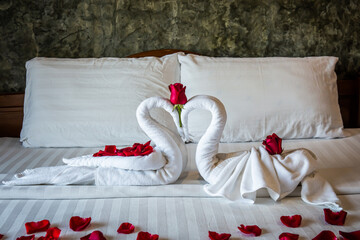 Two swans on a bed rolled from towels on a white bed with red roses specially decorated for honeymoon and valentines day in hotel.