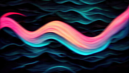 Wall Mural - Neon wave. Light motion. Fantasy radiance. Blur fluorescent pink blue color glowing curve rays on dark black collage abstract background.