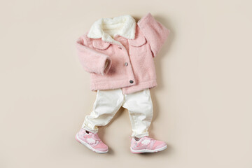 Wall Mural - Childrens fur jacket with white jeans and sneakers. Set of kids clothes and accessories. Fashion Baby outfit for spring or autumn.