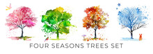 イラスト素材:カラフルな四季の木の水彩イラストセット