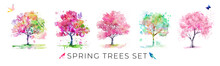 イラスト素材:カラフルな春の木の水彩イラストセット	